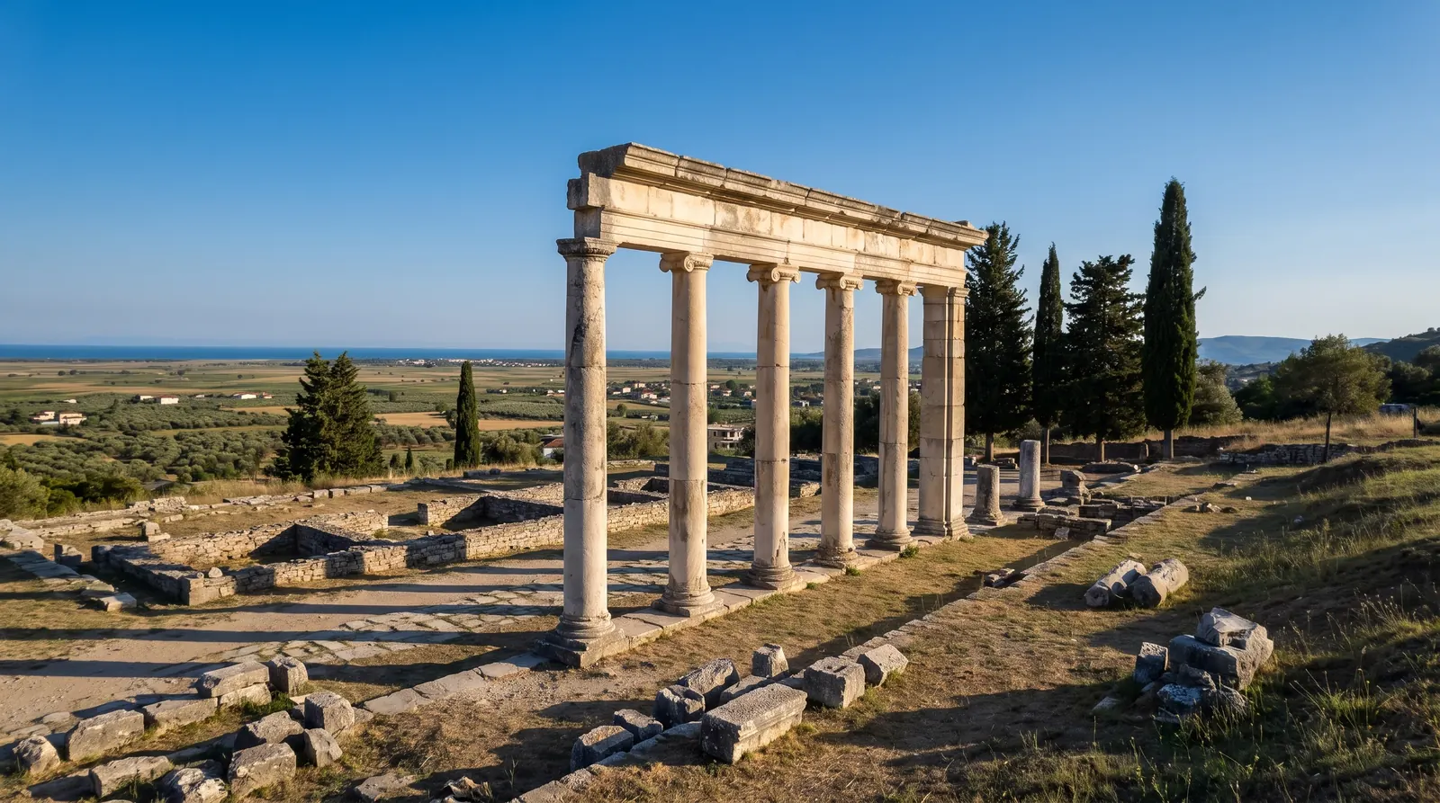 The re-erected bouleuterion facade at Apollonia above the Myzeqe plain