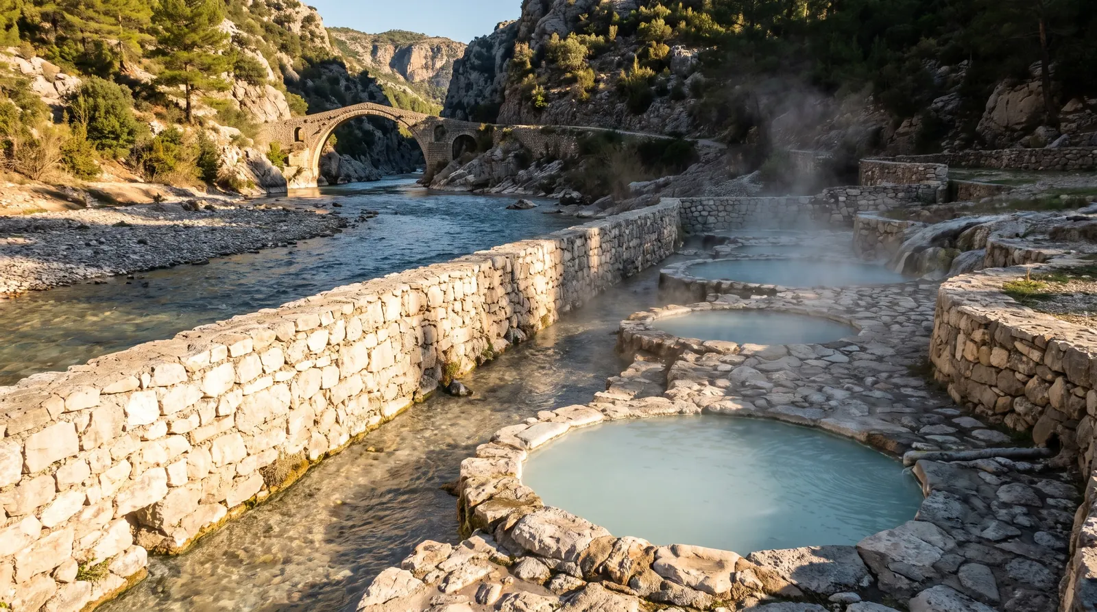 The stone-walled thermal pools at Benje steaming at the river bank, the Ottoman arch behind