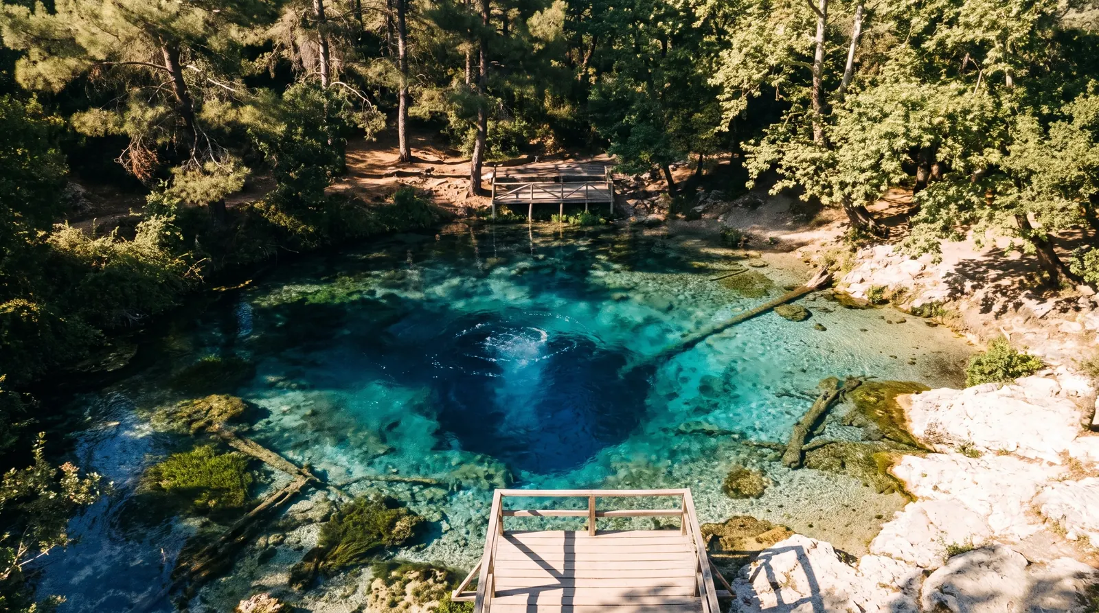 The deep circular karst spring of the Blue Eye in its oak wood, the viewing platform at the bank