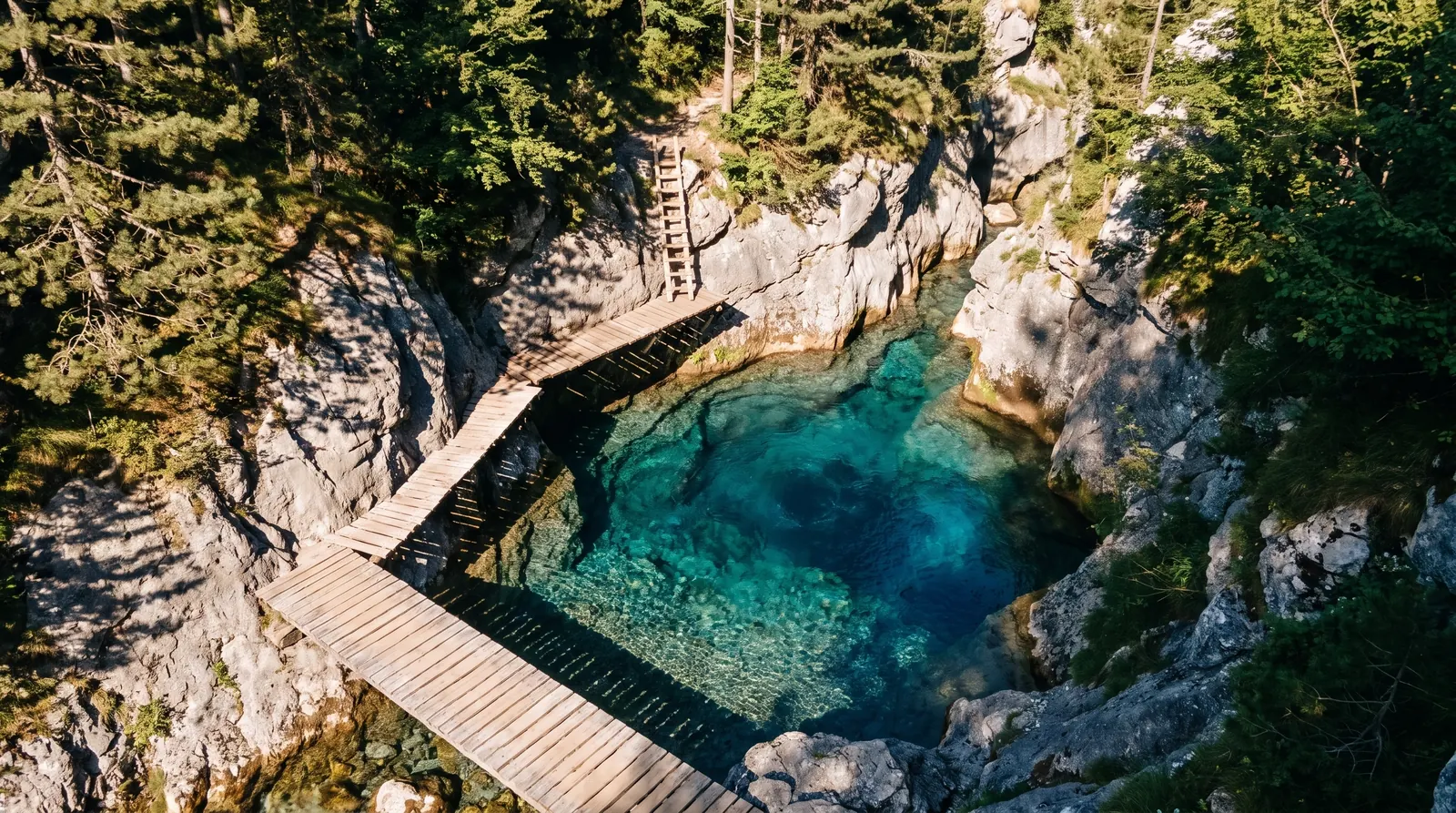 The boardwalk down to the small blue spring pool in the gorge above Nderlysa
