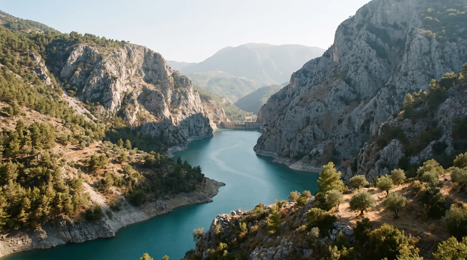 The Bovilla reservoir as a narrow turquoise thread between limestone walls