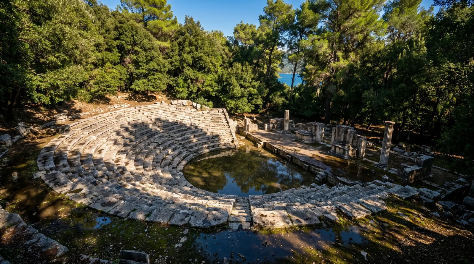 The small sunk stone theatre at Butrint, hemmed in by woodland with water standing in its lowest rows