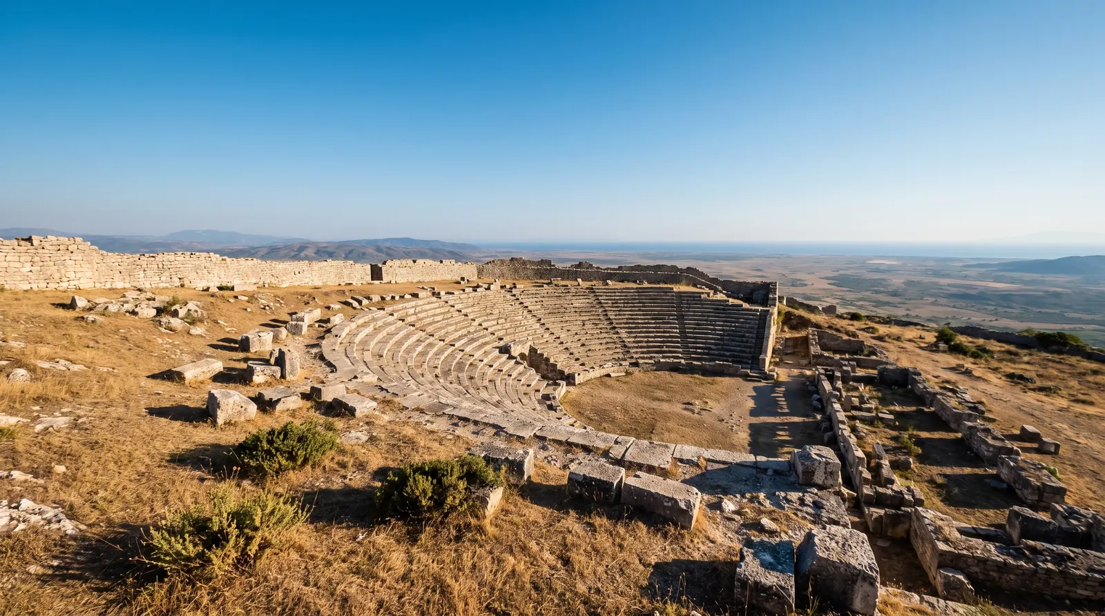 The theatre at Byllis with the plain running away below the hilltop