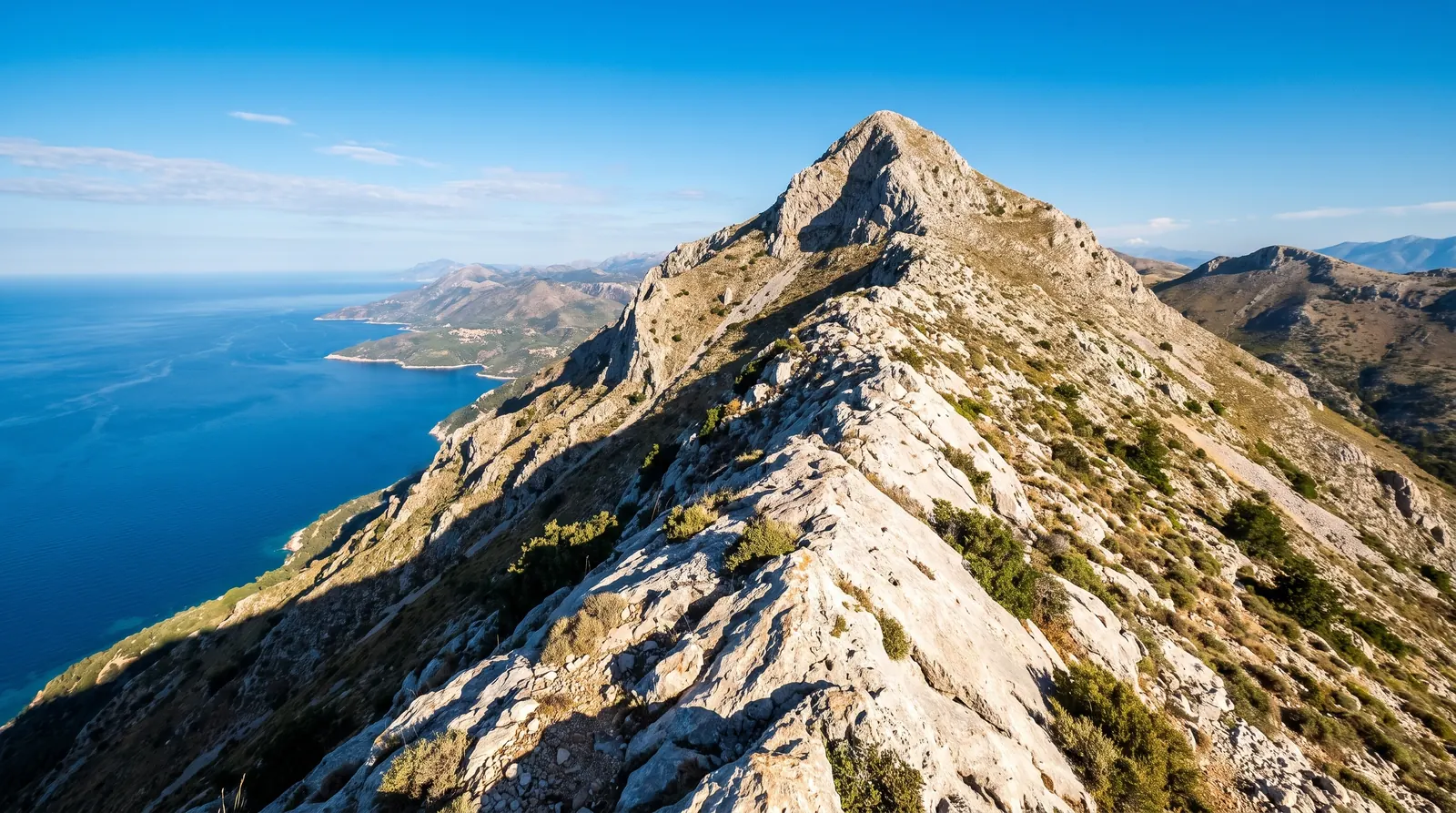The bare summit ridge of Cika leading to the peak, the Ionian coast curving away far below