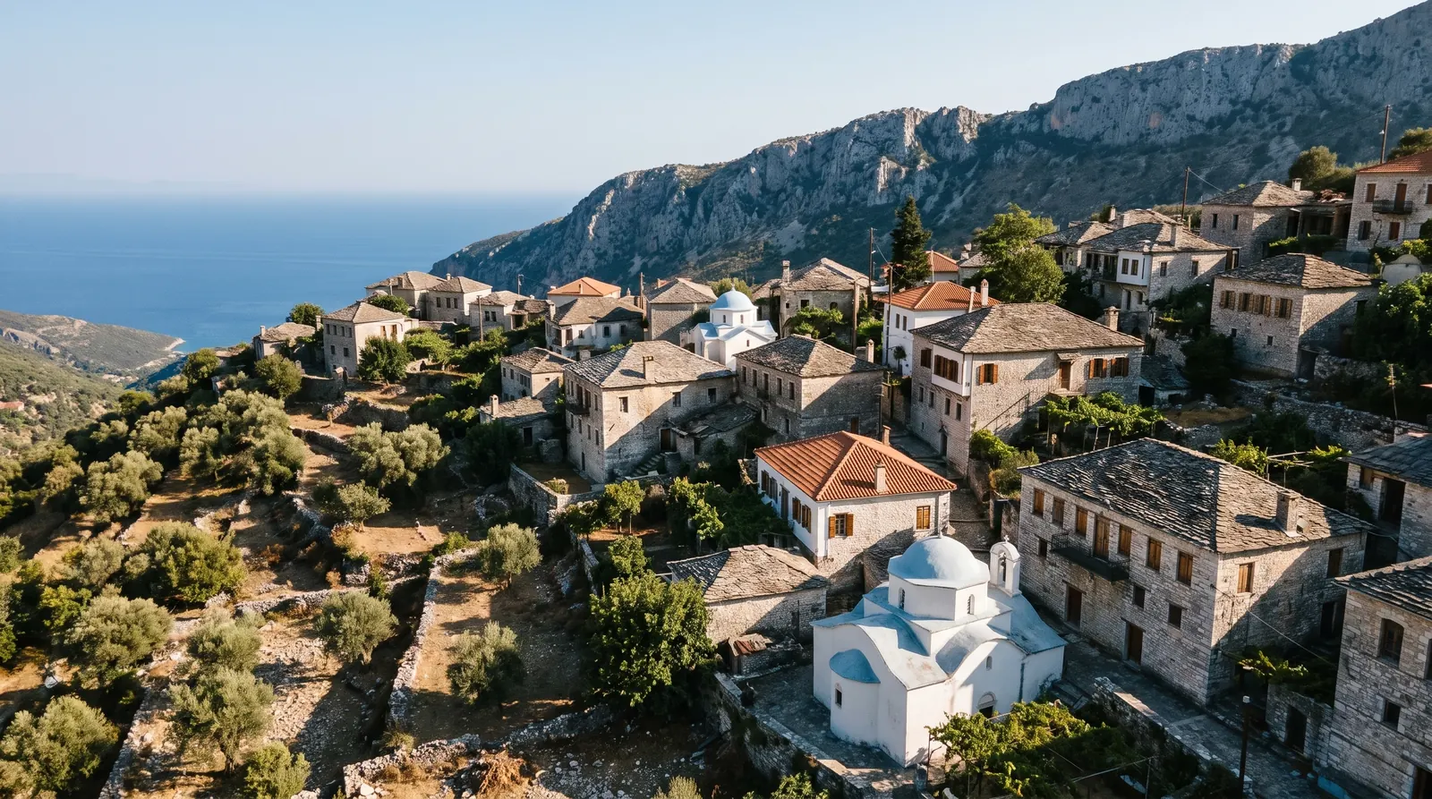 The old stone village of Dhermi stacked on the slope, the Ionian far below and far out