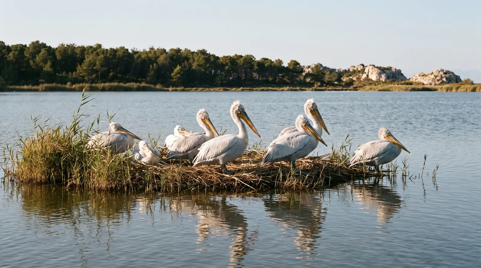 Dalmatian pelicans on a reed island in the Karavasta lagoon, pine forest on the far shore