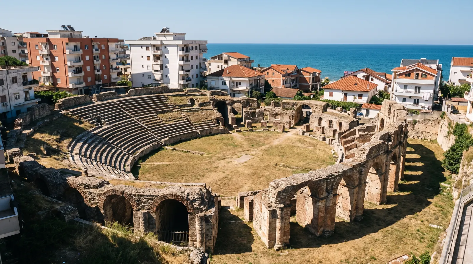 The full ellipse of the Durres amphitheatre with apartment blocks standing on its rim