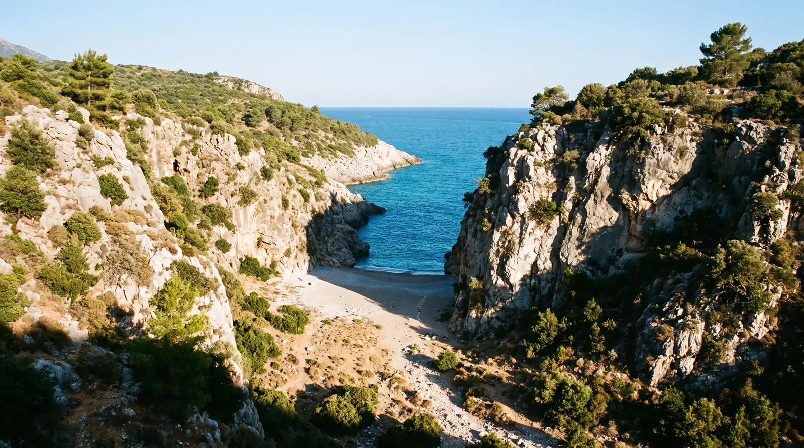 The Gjipe canyon opening onto its beach, with no road to any of it