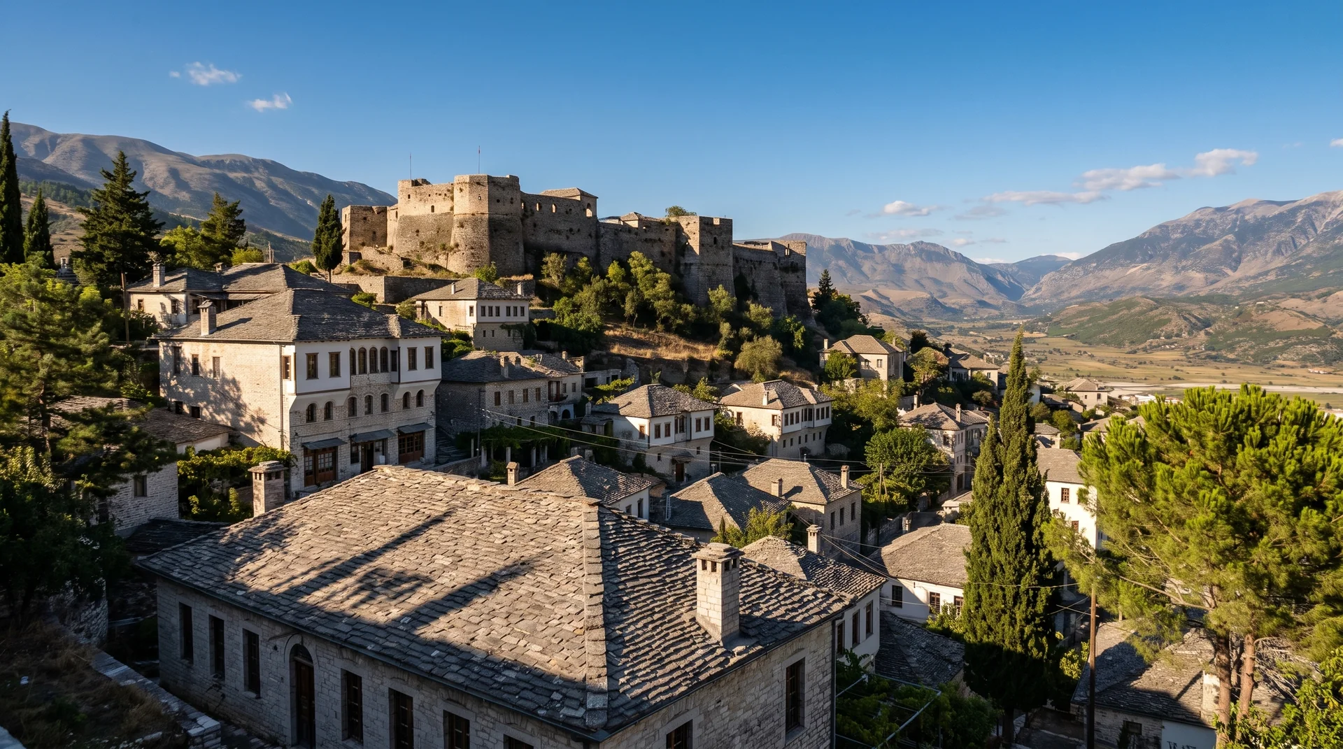Grey slate roofs of Gjirokastër stepping down the hillside below the castle, the Drino valley beyond