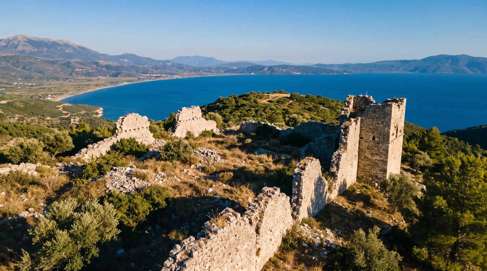 The towers of Kanine castle in low light with the bay of Vlore far below