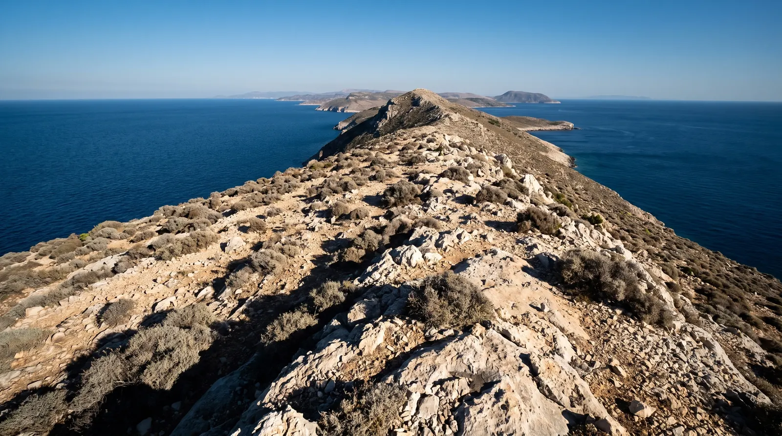 The bare ridge of the Karaburun peninsula, sea on both sides and no shade on any of it