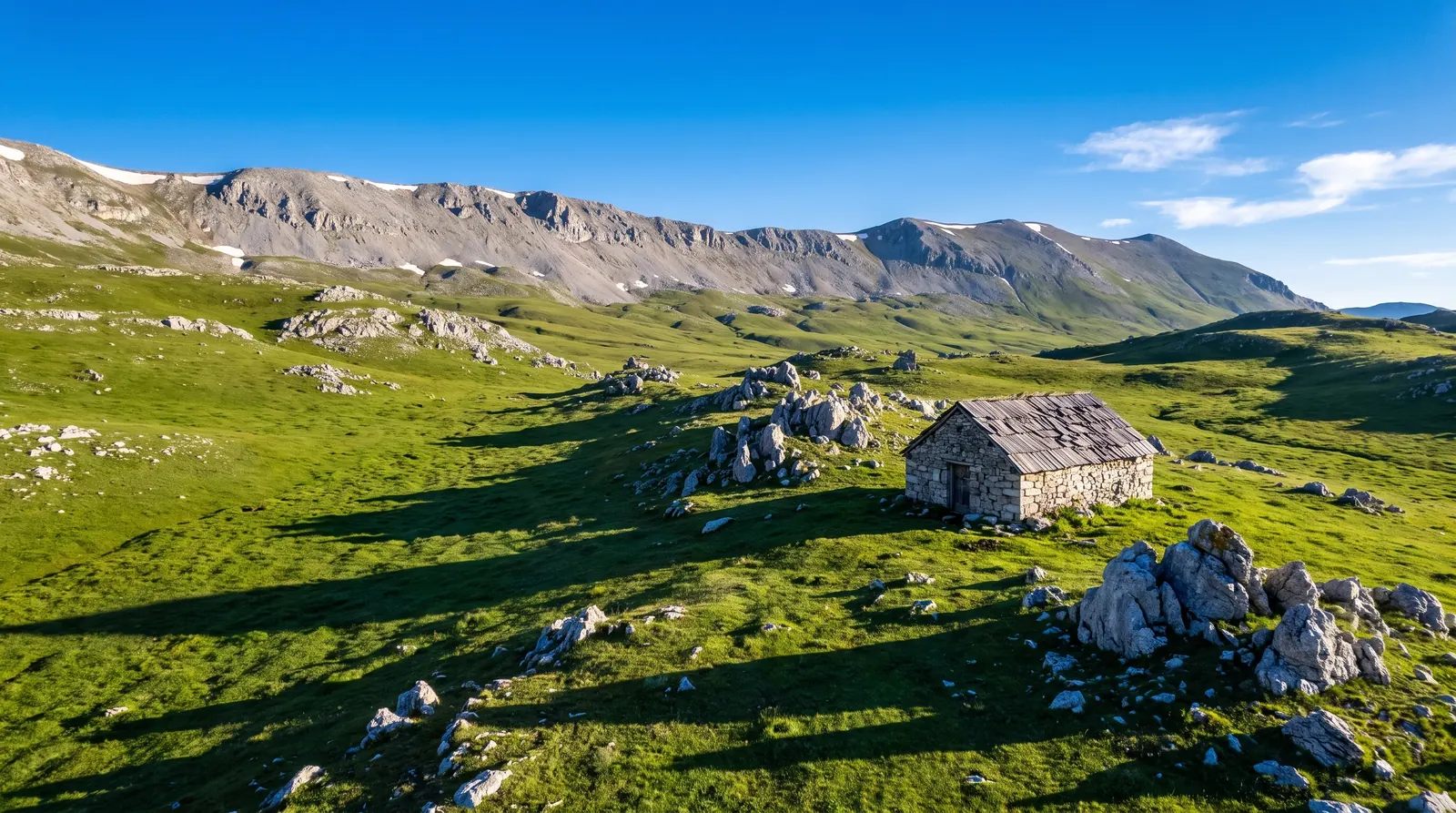 High pasture with a shepherd's hut below the bare grey ridge of the Korab range