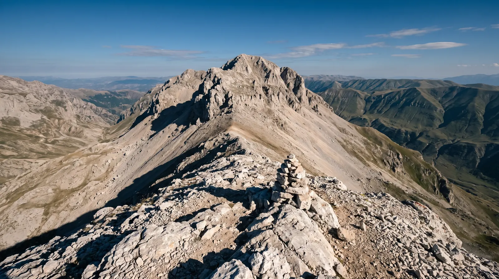 The bare broken-stone summit ridge of Korab running to the cairned top