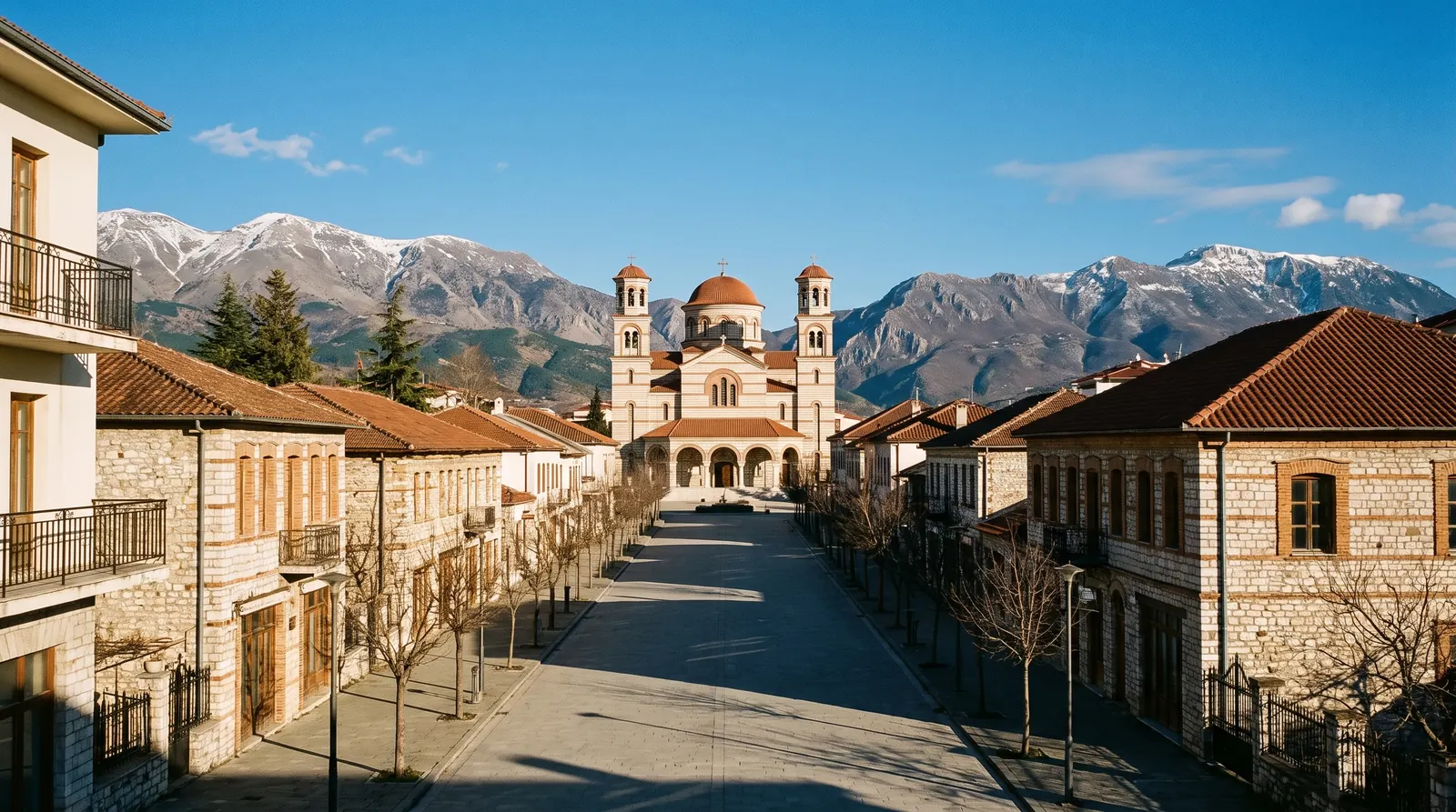 Korce's boulevard leading to the cathedral, snow on the ring of mountains behind