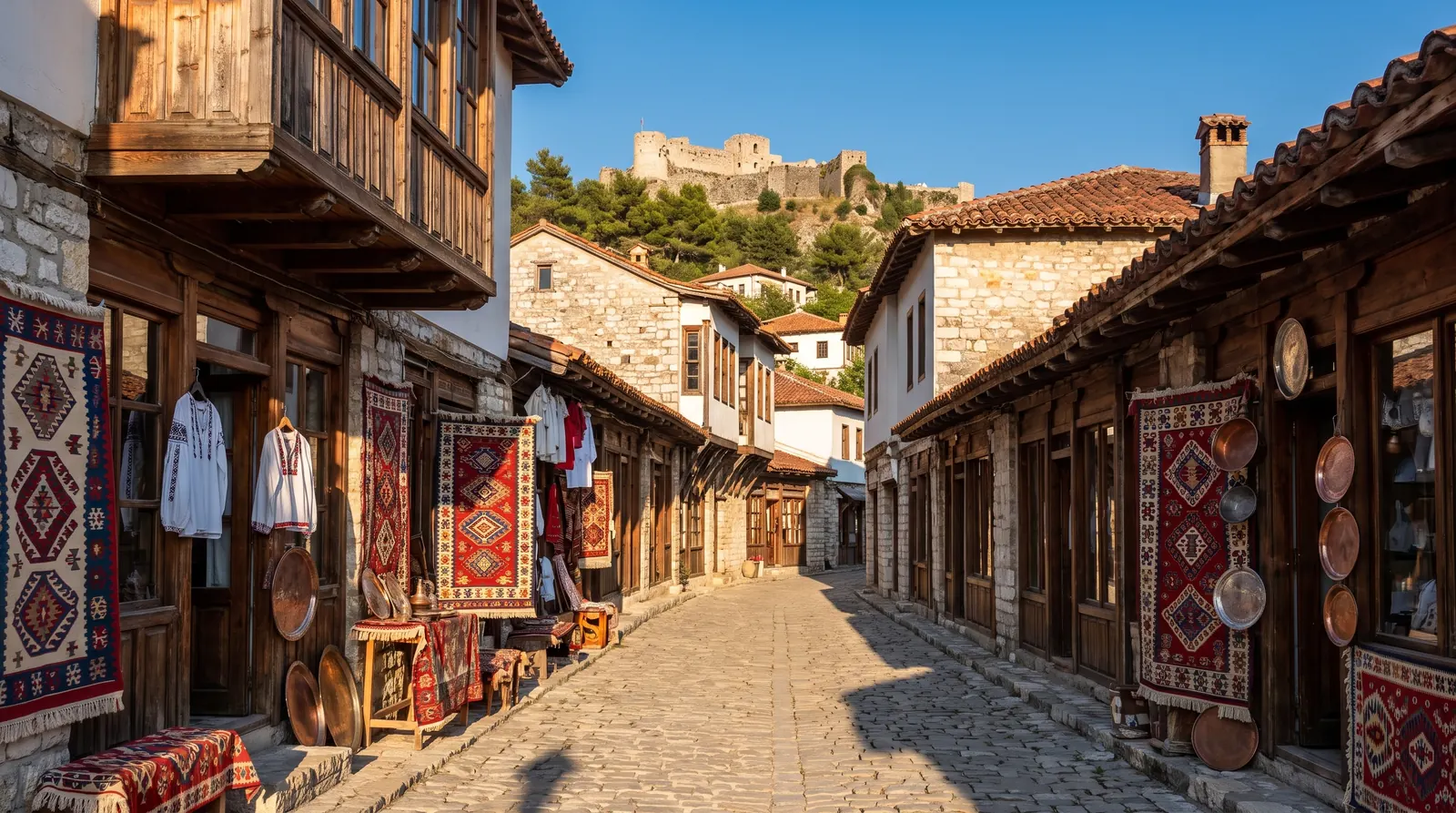 Kruje's bazaar lane of wooden shopfronts with the castle ridge at the end of it