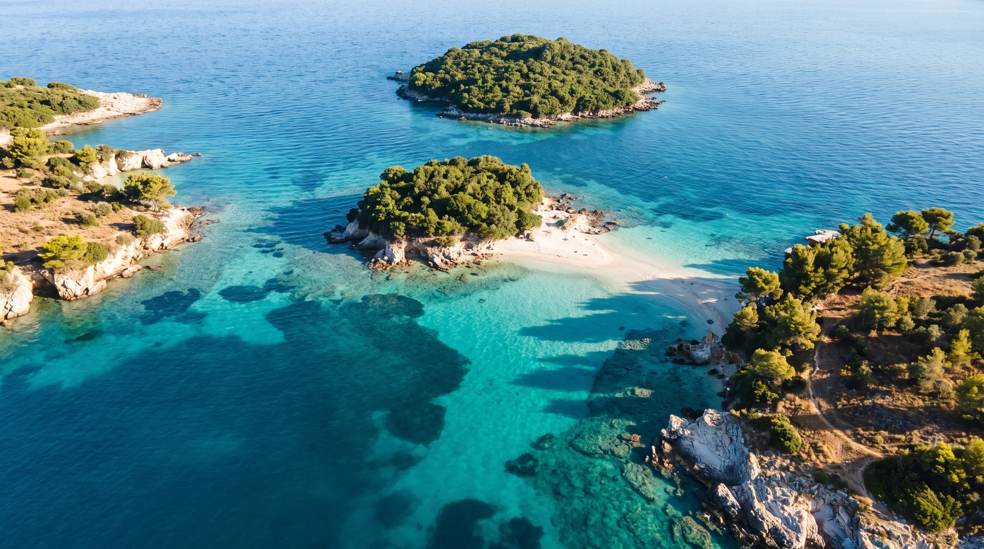 The Ksamil islets in shallow turquoise water under bright midday light
