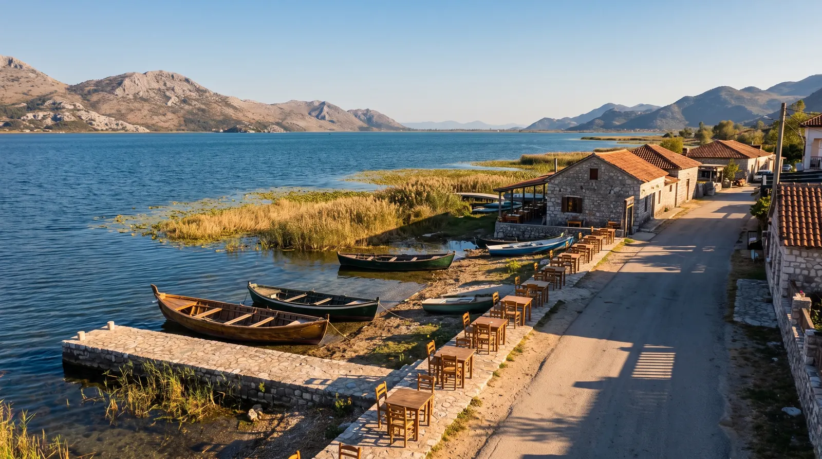 The stone quay and wooden boats at Shiroke on the Albanian shore of Lake Shkoder