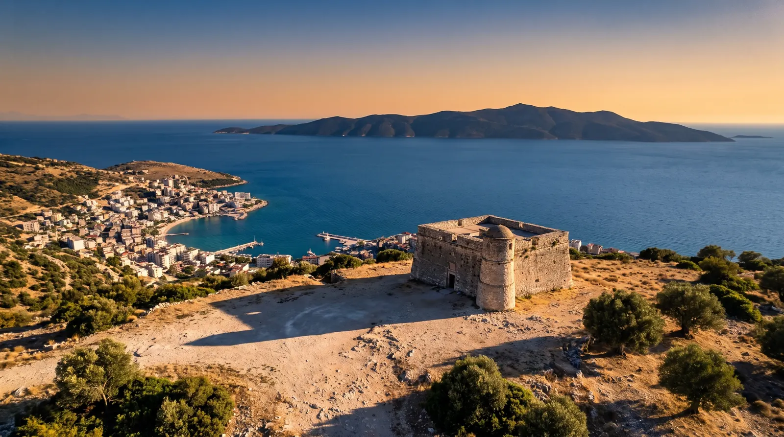 The square fort of Lekuresi above Saranda's bay with the Corfu strait beyond, late light