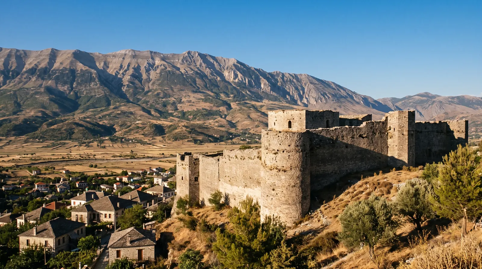 Libohove castle above the town with the Drino valley wall beyond