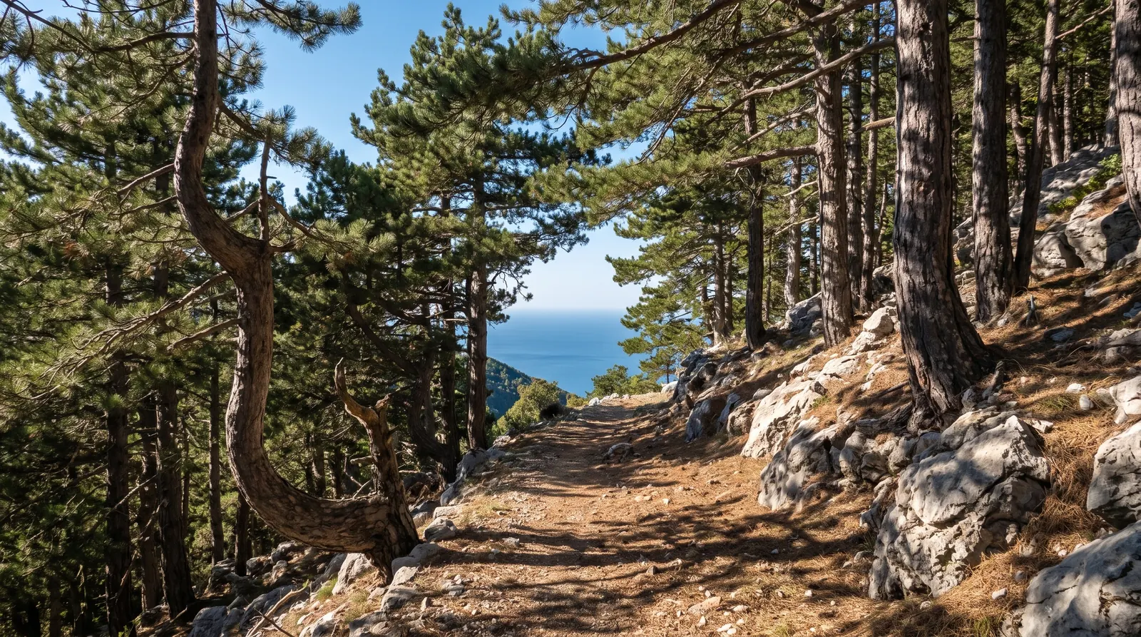 A needle-covered path through the Balkan pines above the Llogara pass, the Ionian in a gap between the trunks