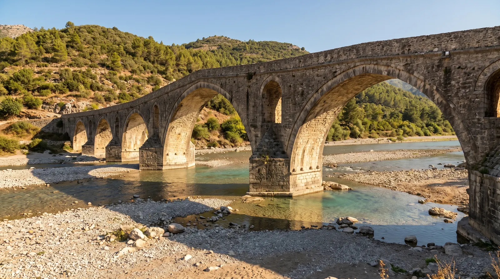 The Mesi Bridge doubling in the green water of the Kir, all thirteen arches reading end to end