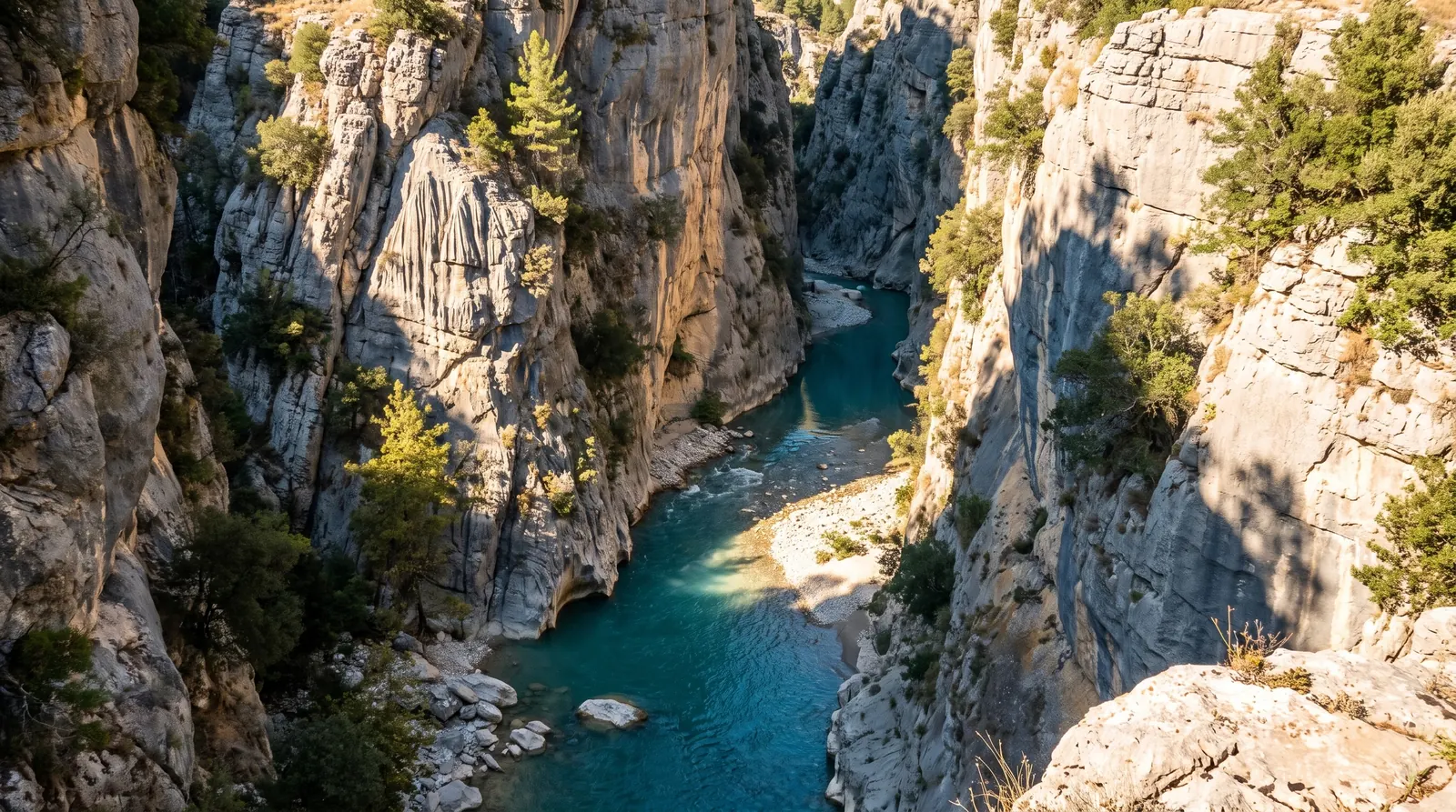 The near-vertical fluted limestone walls of the Osum canyon with the river far below