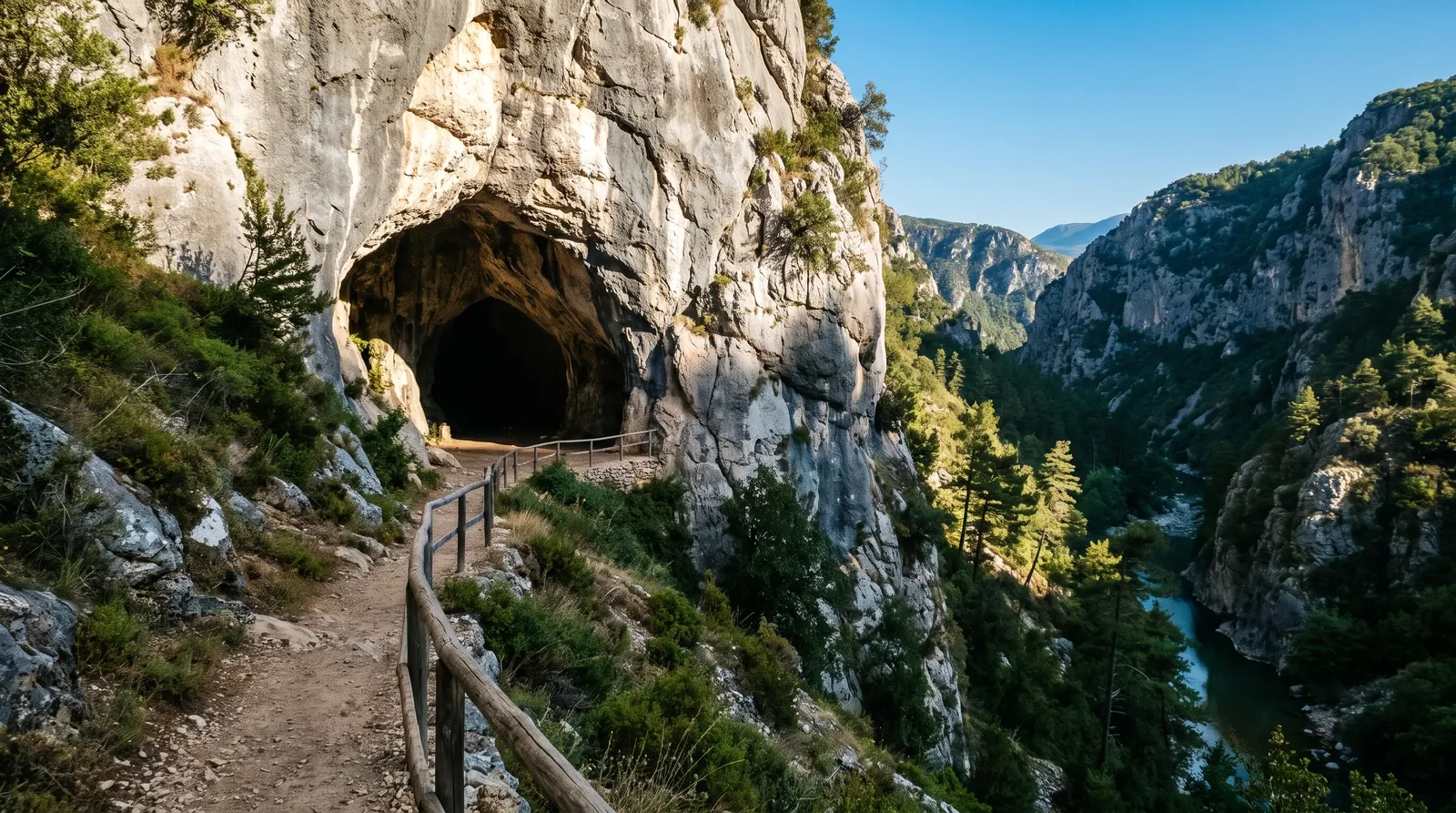 The dark mouth of the Pellumbas cave with the railed path reaching it above the Skorana gorge
