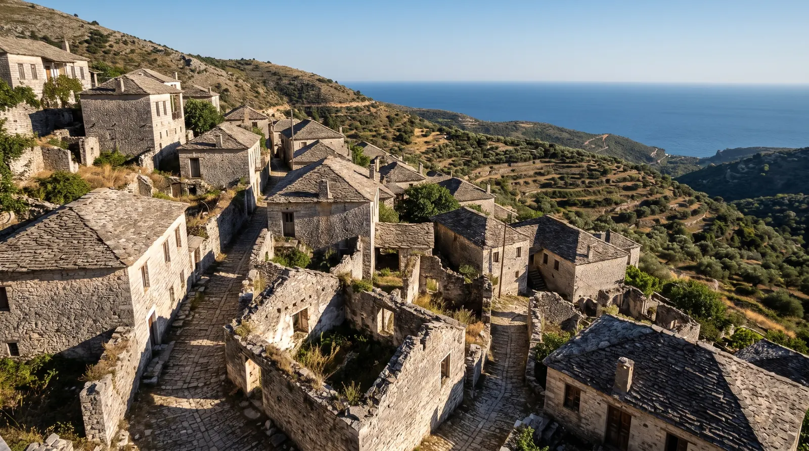 Roofless stone houses on the slope at Qeparo i Siperm, the Ionian far below