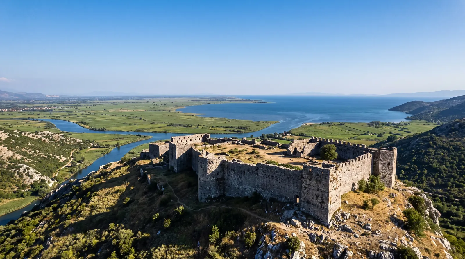 Rozafa's walls along the ridge above the plain where the Drin, the Buna and the Kir meet