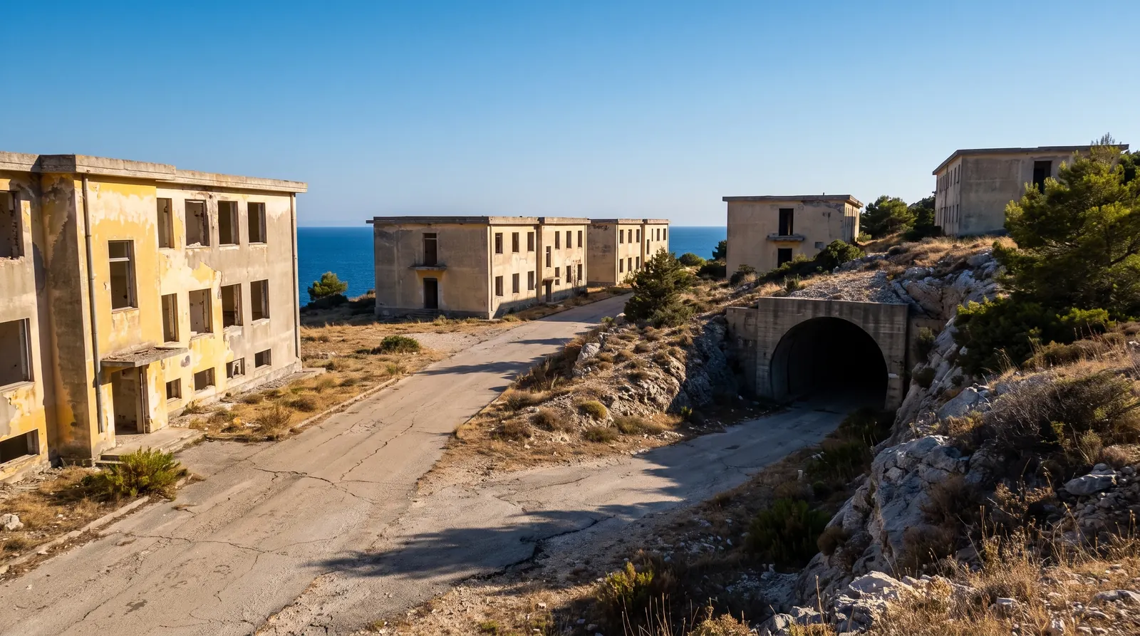 The abandoned garrison buildings and a tunnel mouth on Sazan