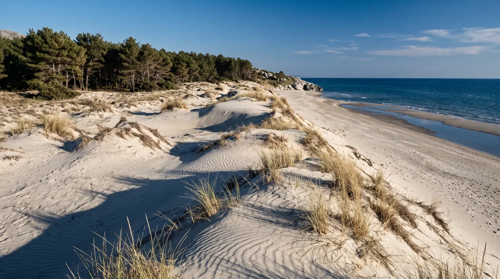 The Rana e Hedhun dunes north of Shengjin, marram grass and the pine line behind