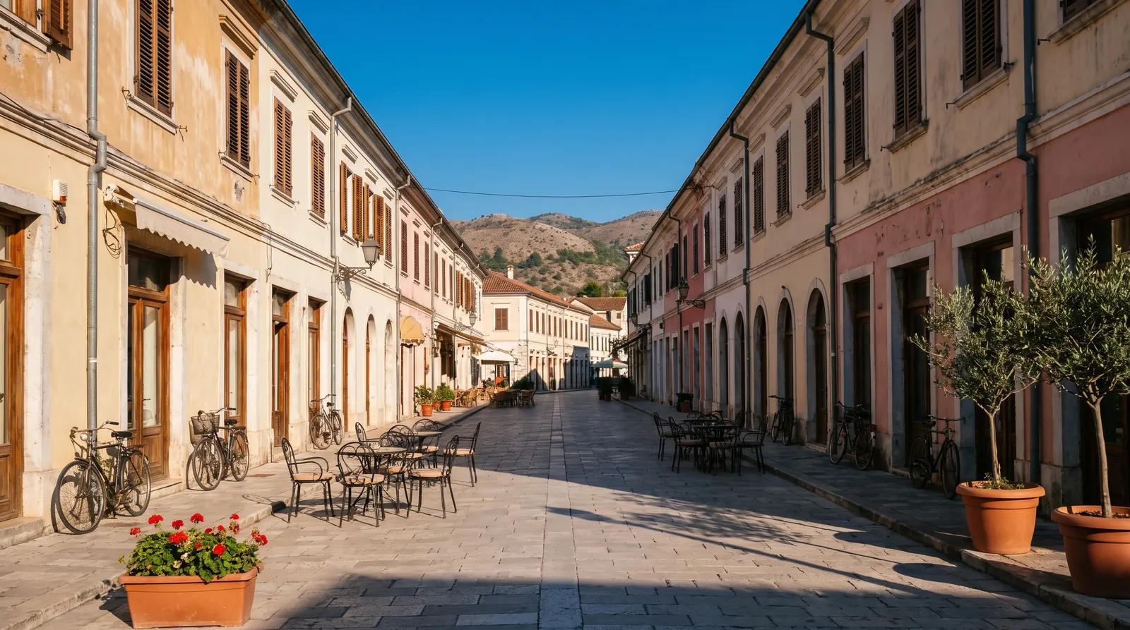 The arcaded nineteenth-century facades of Kole Idromeno street, the hills closing the far end