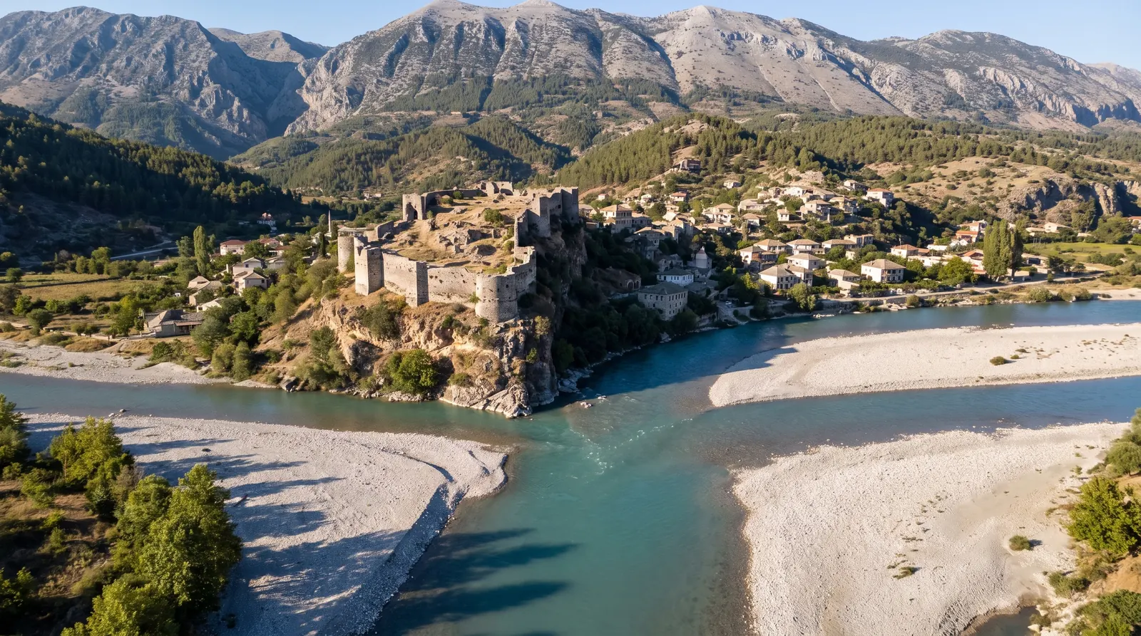The citadel and town of Tepelene above the pale gravel confluence of the Vjosa and Drino