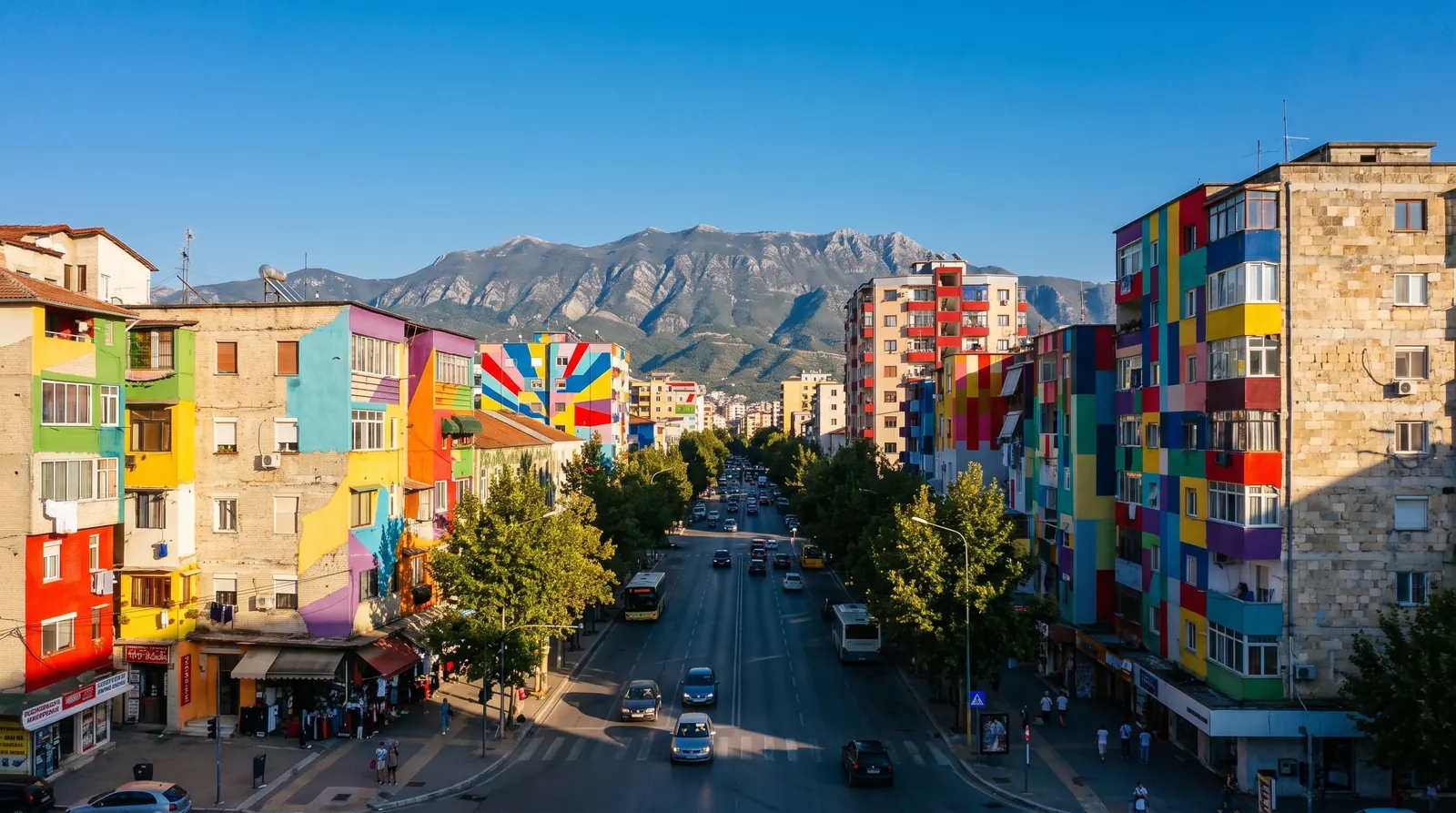Painted apartment blocks along a Tirana boulevard with the grey ridge of Dajti behind them