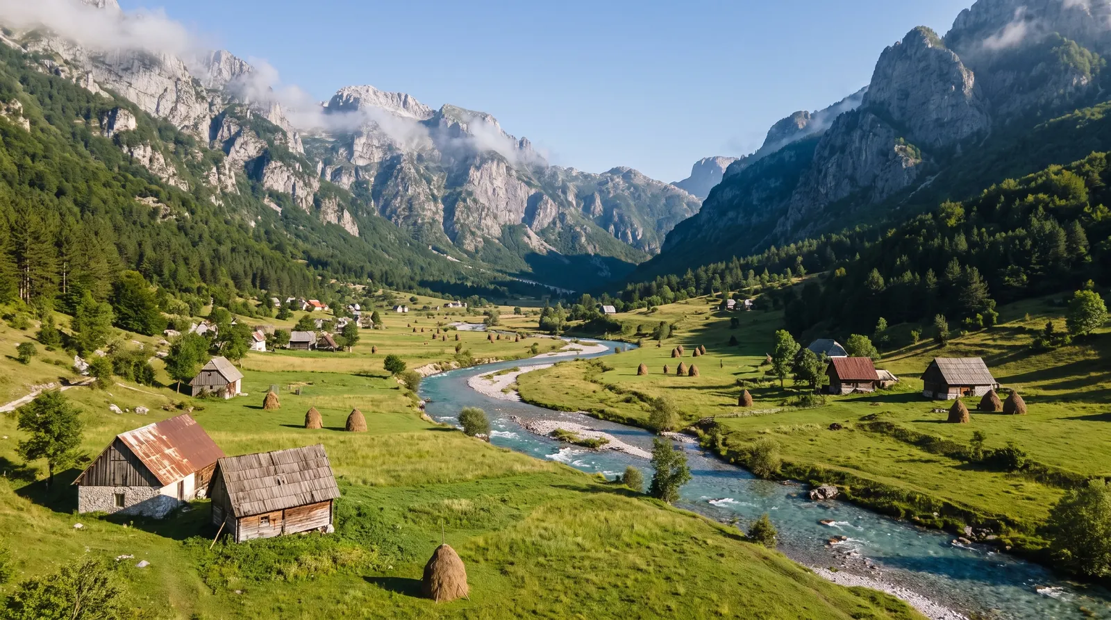 The Vermosh river curving through hay meadows past stone houses, ridges closing both sides